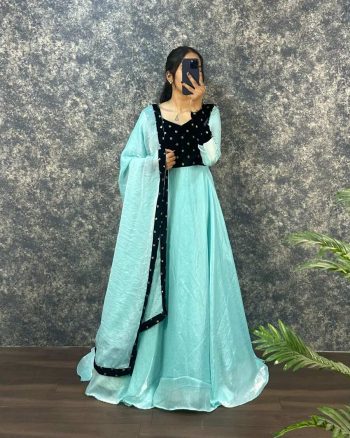 ATTRACTIVE FANDY SILK  VELVET SEQUENCE WORK GOWN WITH DUPATTA SKY