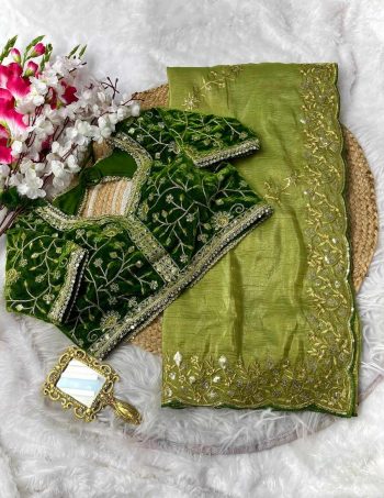 ATTRACTIVE GOLD CRUSH EMBROIDERY SEQUENCE WORK SAREE WITH STITCHED BLOUSE GREEN