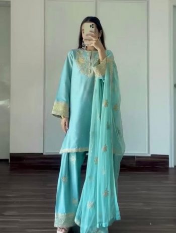 ATTRACTIVE NATURAL CREPE EMBROIDERY SEQUENCE WITH TASSLES AND BUTTON WORK RAMA