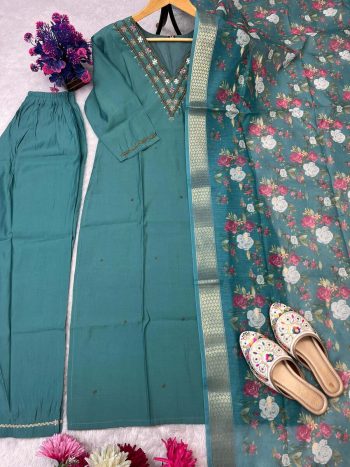 ATTRACTIVE ROMAN SILK HAND WORK TOP BOTTOM WITH DUPATTA RAMA