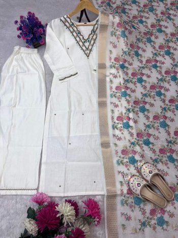ATTRACTIVE ROMAN SILK HAND WORK TOP BOTTOM WITH DUPATTA WHITE