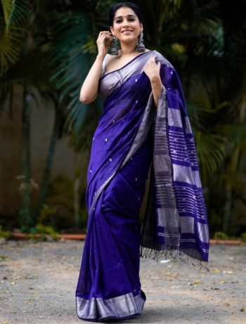 ATTRACTIVE SOFT LICHI SILK JACQUARD WORK  SAREE WITH UNSTITCHED BLOUSE BLUE