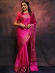 ATTRACTIVE SOFT LICHI SILK JACQUARD WORK  SAREE WITH UNSTITCHED BLOUSE RANI