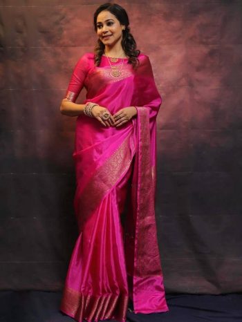 ATTRACTIVE SOFT LICHI SILK JACQUARD WORK  SAREE WITH UNSTITCHED BLOUSE RANI
