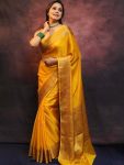 ATTRACTIVE SOFT LICHI SILK JACQUARD WORK  SAREE WITH UNSTITCHED BLOUSE YELLOW