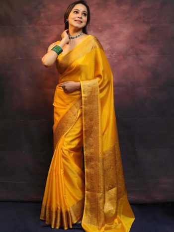 ATTRACTIVE SOFT LICHI SILK JACQUARD WORK  SAREE WITH UNSTITCHED BLOUSE YELLOW