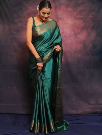 ATTRACTIVE SOFT LICHI SILK JACQUARD WORK  SAREE WITH UNSTITCHED BLOUSE GREEN