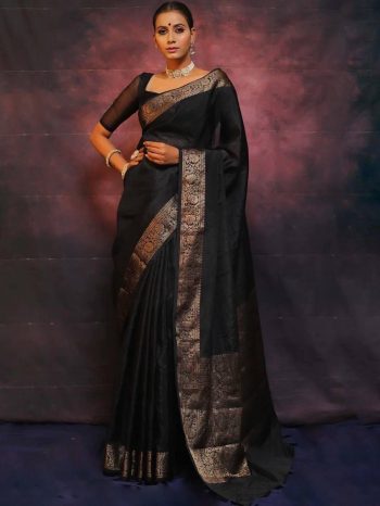 ATTRACTIVE SOFT LICHI SILK JACQUARD WORK  SAREE WITH UNSTITCHED BLOUSE BLACK