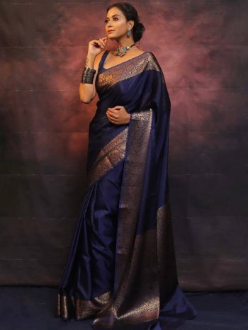 ATTRACTIVE SOFT LICHI SILK JACQUARD WORK  SAREE WITH UNSTITCHED BLOUSE BLUE