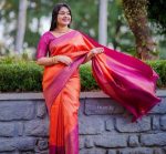 BOLLYWOOD LICHI SILK  JACQUARD BORDER SAREE WITH UNSTITCHED BLOUSE ORANGE