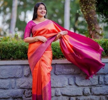 BOLLYWOOD LICHI SILK  JACQUARD BORDER SAREE WITH UNSTITCHED BLOUSE ORANGE