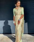 BOLLYWOOD LICHI SILK JACQUARD WORK  SAREE WITH UNSTITCHED BLOUSE PISTA