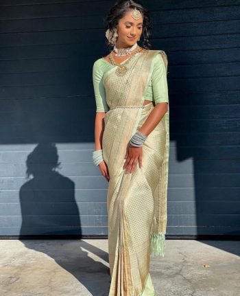 BOLLYWOOD LICHI SILK JACQUARD WORK  SAREE WITH UNSTITCHED BLOUSE PISTA