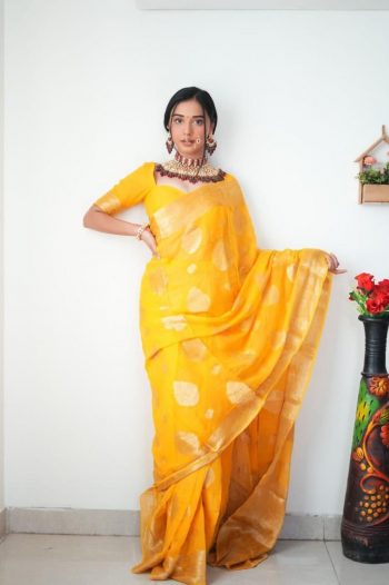 BOLLYWOOD LINEN SLUB  WEAVING WORK SAREE WITH UNSTITCHED BLOUSE YELLOW