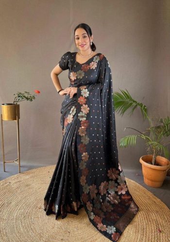 BOLLYWOOD SOFT LICHI SILK  JACQUARD SAREE WITH UNSTITCHED BLOUSE