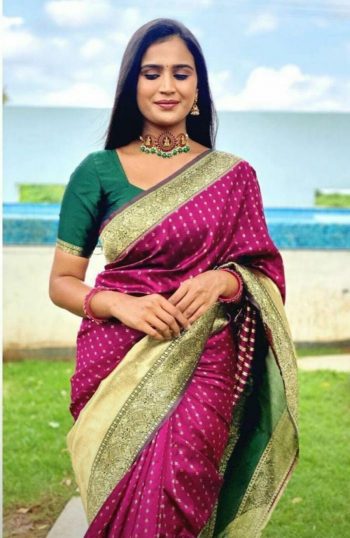 BOLLYWOOD SOFT LICHI SILK JACQUARD WORK SAREE WITH UNSTITCHED BLOUSE WINE