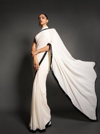 BOLLYWOOD STYLE GEORGETTE READYMADE LACE WORK SAREE WITH UNSTITCHED BLOUSE WHITE