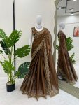 DESIGNER BARBARI SILK THREAD AND SEQUENCE WORK SAREE WITH UNSTITCHED BLOUSE CHIKU