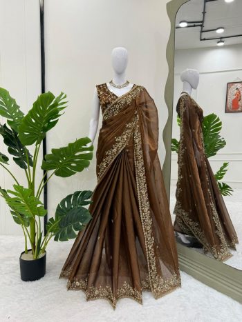 DESIGNER BARBARI SILK THREAD AND SEQUENCE WORK SAREE WITH UNSTITCHED BLOUSE CHIKU
