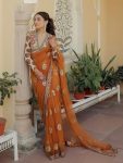 DESIGNER BUTTERFLY NET EMBROIDERY WITH FANCY LACE BORDER WORK SAREE WITH STITCHED BLOUSE MUSTARD