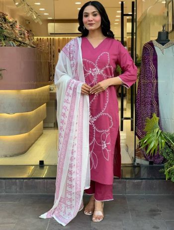 DESIGNER CHANDERI EMBROIDERY WORK TOP BOTTOM WITH DUPATTA PINK