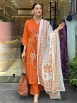 DESIGNER CHANDERI EMBROIDERY WORK TOP BOTTOM WITH DUPATTA ORANGE