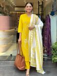 DESIGNER CHANDERI EMBROIDERY WORK TOP BOTTOM WITH DUPATTA YELLOW
