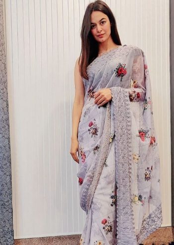 DESIGNER CHIFFON SILK DIGITAL PRINTED VISCOSE THREAD BORDER WORK SAREE WITH UNSTITCHED BLOUSE  GREY