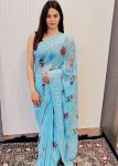 DESIGNER CHIFFON SILK DIGITAL PRINTED VISCOSE THREAD BORDER WORK SAREE WITH UNSTITCHED BLOUSE  SKY