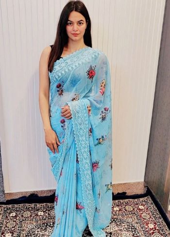 DESIGNER CHIFFON SILK DIGITAL PRINTED VISCOSE THREAD BORDER WORK SAREE WITH UNSTITCHED BLOUSE  SKY