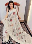 DESIGNER CHIFFON SILK DIGITAL PRINTED VISCOSE THREAD BORDER WORK SAREE WITH UNSTITCHED BLOUSE  WHITE