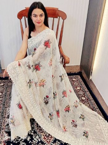 DESIGNER CHIFFON SILK DIGITAL PRINTED VISCOSE THREAD BORDER WORK SAREE WITH UNSTITCHED BLOUSE  WHITE
