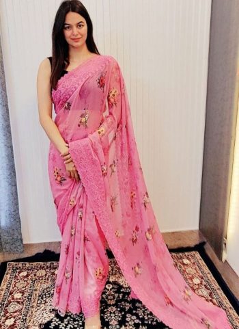 DESIGNER CHIFFON SILK DIGITAL PRINTED VISCOSE THREAD BORDER WORK SAREE WITH UNSTITCHED BLOUSE  PINK