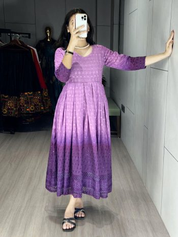 DESIGNER CHIKANKARI COTTON CUT PATTERNS AND PRINTED FADED WORK ONE PIECE  LAVENDER