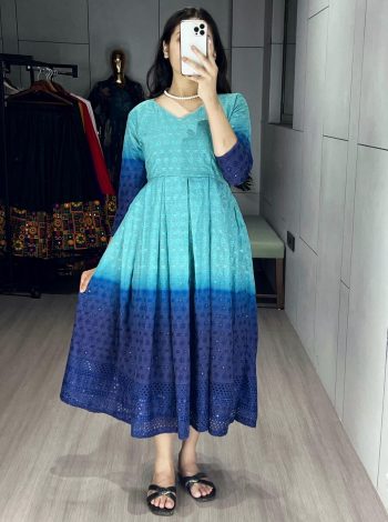 DESIGNER CHIKANKARI COTTON CUT PATTERNS AND PRINTED FADED WORK ONE PIECE  SKY