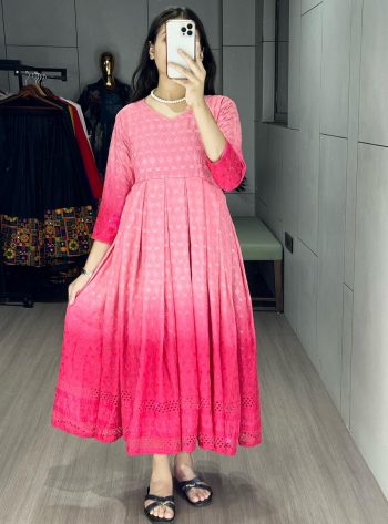 DESIGNER CHIKANKARI COTTON CUT PATTERNS AND PRINTED FADED WORK ONE PIECE  PINK