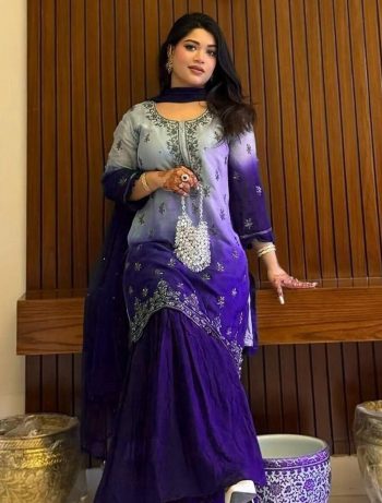 DESIGNER CHINON DIGITAL PRINT WITH ZARI EMBROIDERY SEQUENCE WITH STONE WORK TOP SHARARA WITH DUPATTA  PURPLE