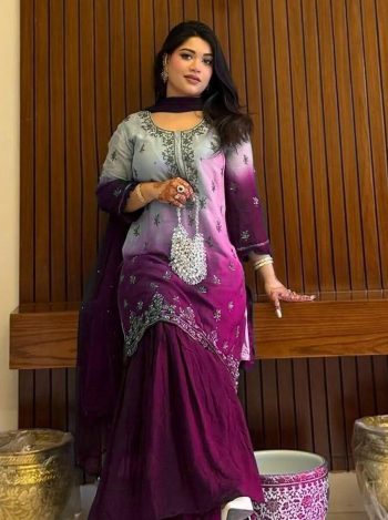DESIGNER CHINON DIGITAL PRINT WITH ZARI EMBROIDERY SEQUENCE WITH STONE WORK TOP SHARARA WITH DUPATTA  WINE