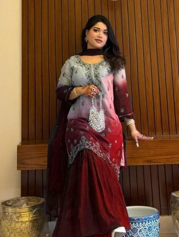 DESIGNER CHINON DIGITAL PRINT WITH ZARI EMBROIDERY SEQUENCE WITH STONE WORK TOP SHARARA WITH DUPATTA  MAROON