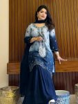 DESIGNER CHINON DIGITAL PRINT WITH ZARI EMBROIDERY SEQUENCE WITH STONE WORK TOP SHARARA WITH DUPATTA  NAVY BLUE