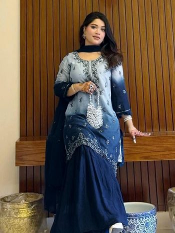 DESIGNER CHINON DIGITAL PRINT WITH ZARI EMBROIDERY SEQUENCE WITH STONE WORK TOP SHARARA WITH DUPATTA  NAVY BLUE