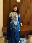 DESIGNER CHINON DIGITAL PRINT WITH ZARI EMBROIDERY SEQUENCE WITH STONE WORK TOP SHARARA WITH DUPATTA  TEAL