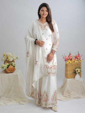 DESIGNER CHINON EMBROIDERY CODING SEQUENCE WORK TOP PALAZZO WITH DUPATTA WHITE
