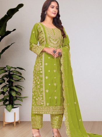 DESIGNER CHINON EMBROIDERY SEQUENCE WORK TOP BOTTOM WITH DUPATTA PARROT GREEN