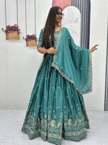 DESIGNER CHINON EMBROIDERY THREAD WORK LEHENGA CHOLI WITH DUPATTA GREEN