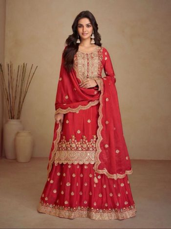 DESIGNER CHINON EMBROIDERY WORK TOP PALAZZO WITH DUPATTA  RED