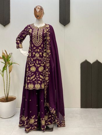 DESIGNER CHINON SEQUENCE EMBROIDERY WORK TOP PALAZZO WITH DUPATTA PURPLE