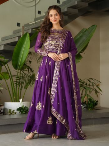 DESIGNER CHINON SEQUENCE MULTI AND BEADS EMBROIDERY WORK GOWN WITH DUPATTA PURPLE