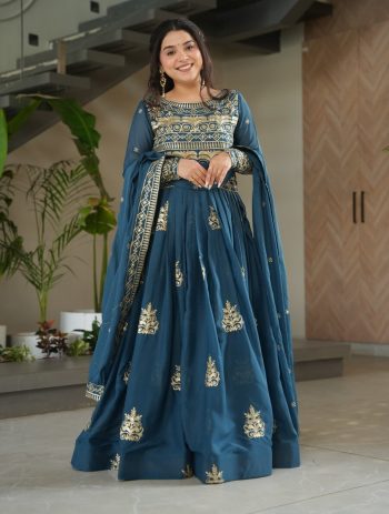 DESIGNER CHINON SEQUENCE MULTI AND BEADS EMBROIDERY WORK GOWN WITH DUPATTA TEAL