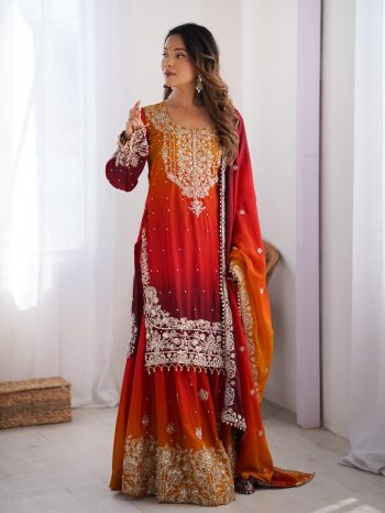 DESIGNER CHINON SILK CODING EMBROIDERY MOTI WORK TOP SHARARA WITH DUPATTA RED